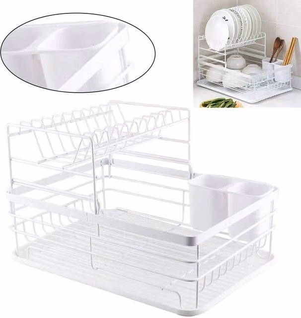 VOGREX 2-Tier Kitchen Dish Drainer with Cutlery and Cup Holder in White – 1
