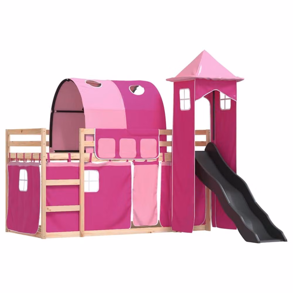 Berkfield Home Pink Solid Wood Childrens Bunk Bed with Slide and Curtains W/D/H: 80 x 200 cm – 3