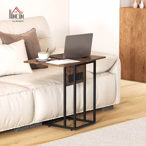 HOMCOM C Shaped Side Table with Charging Station in Rustic Brown and Black – 2