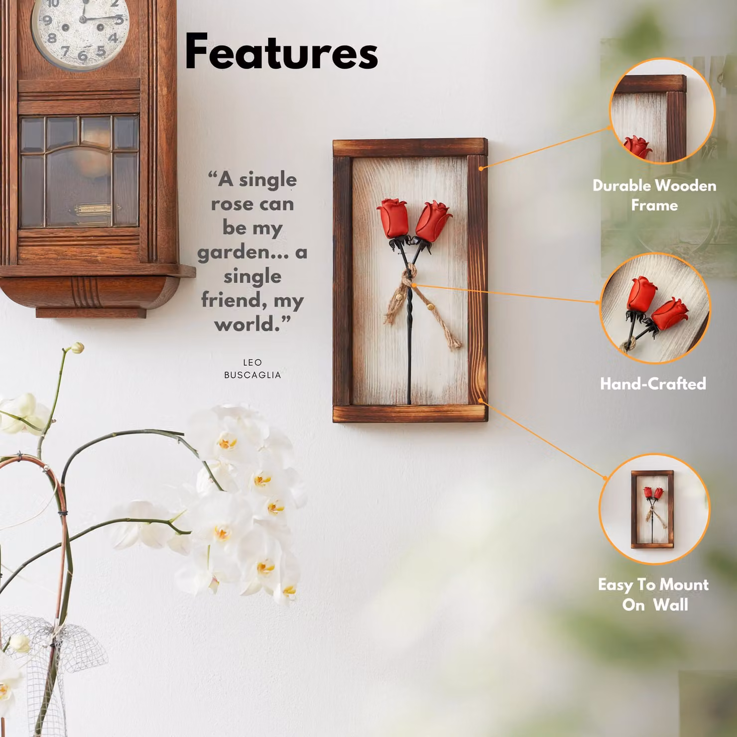 Novecrafto Mountable Rectangular Wooden Frame with Red Forged Iron Roses – 2