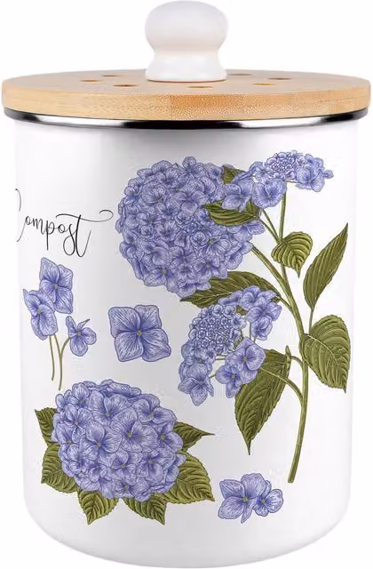 Purely Home Purple Hydrangea Metal Kitchen Compost Caddy with Flip Lid, 2L