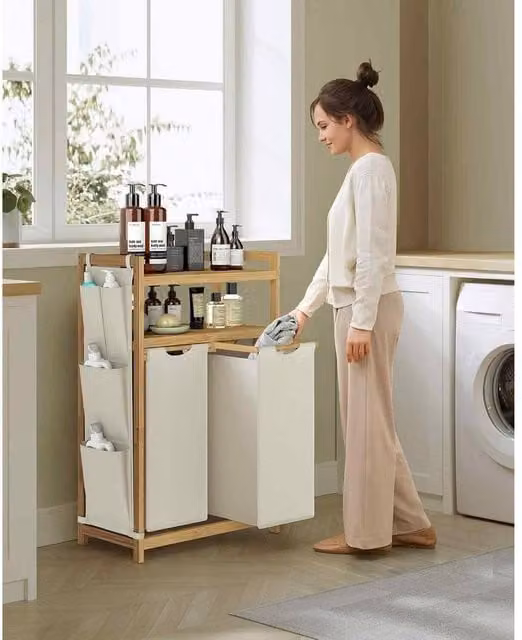 The Bazaarist Double Laundry Hamper with Shelf and Side Pockets, White