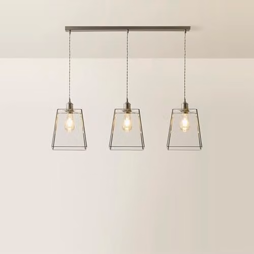 ValueLights Susie Glass Lantern Pendant Light with 3 Drop Brushed Chrome and Transparent Glass Shade for Dining Rooms