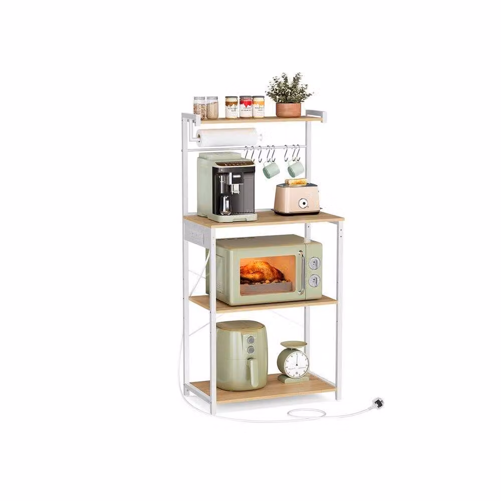 Pirlo Plush Industrial 4 Tier Smart Kitchen Bakers Rack with Power Outlets in Light Oak – 5