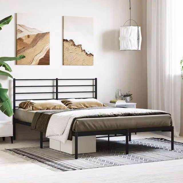 Berkfield Home Metal Bed Frame with Headboard in Black, W/D/H: 140 x 190 cm