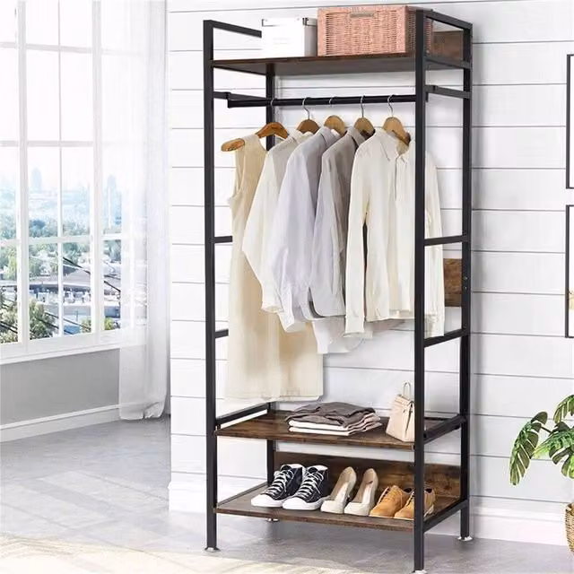 Kelvenix Rustic Wooden Clothes Garment Rail in Brown