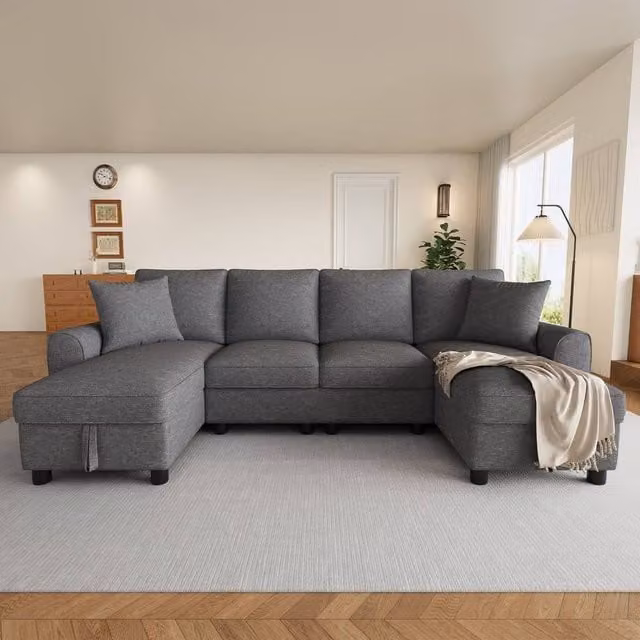 Merax U-Shaped Sectional Corner Sofa in Grey with Twin Storage Chaises and Scatter Cushions – 1