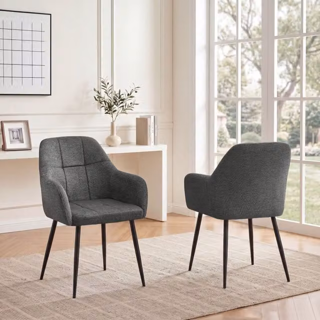 SONARA Modern Set of 2 Dining Chairs with Grey Fabric Upholstery and Metal Legs