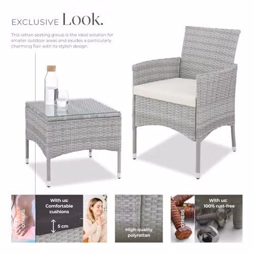 tectake Lucerne Rattan Garden Furniture Set with Glass Tabletop and Cushions in Light Grey – 3