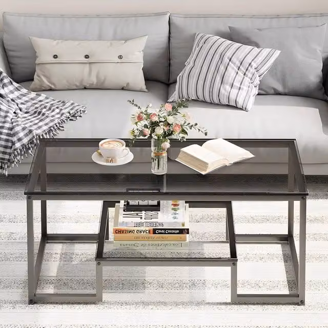 Huhote Modern Rectangular Coffee Table with Grey Glossy Glass Top, W/D/H: 100 x 47.75 x 44.96 cm