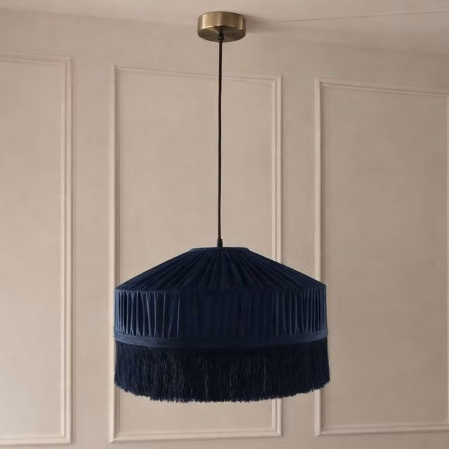 CGC Lighting Victoria Velvet Fringe Lampshade in Blue, Diameter: 40 cm