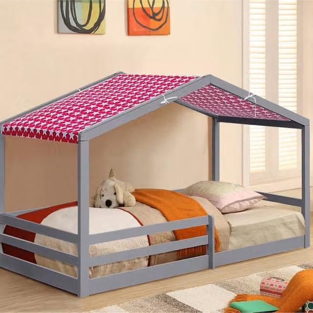 Comfy Living Single Wooden House Style Childrens Bed with Grey and Pink Tent Option, W: 90 cm, L: 190 cm
