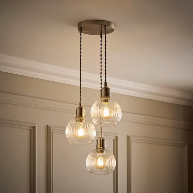 Maddison 3 Drop Clear Ribbed Glass Pendant Light with Brushed Chrome Finish