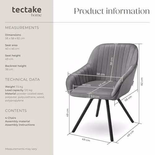 tectake Set of 4 Grey Velvet Dining Chairs with Slim Steel Legs and 360 Degree Swivel H x W x D: 82 x 58 x 58 cm – 3