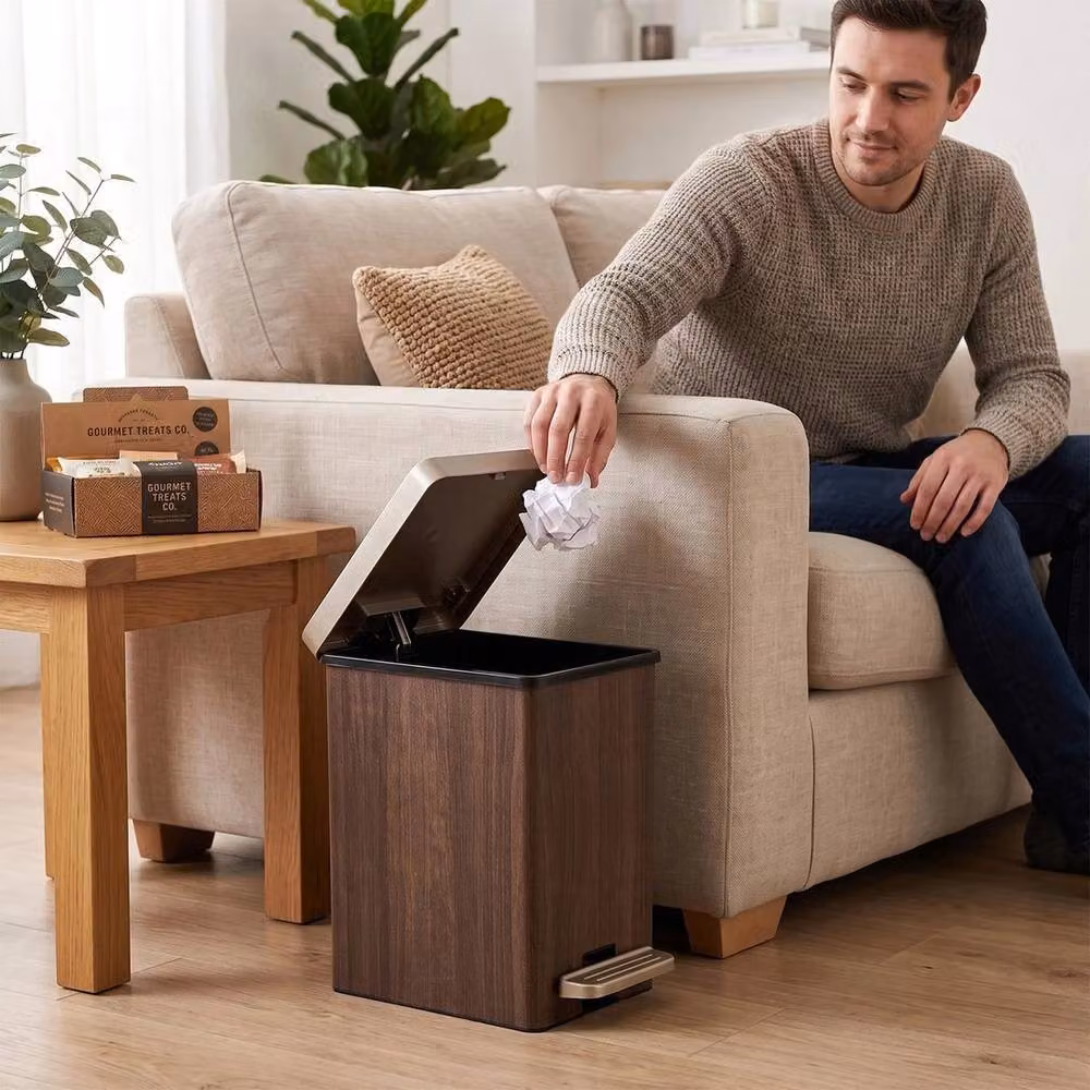 KORVIXA 15L Brown Wood Pattern Soft Close Pedal Bin – 4