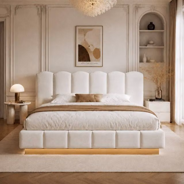 Merax Super King Ottoman Storage Bed in Beige Bouclé with LED Under-Bed Lighting, W/D/H: 180 x 200 x 218.5 cm