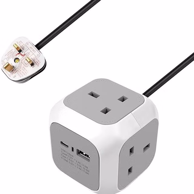 Livingandhome 4 Way 1.5m Cube Socket with 2 USB Ports, Grey