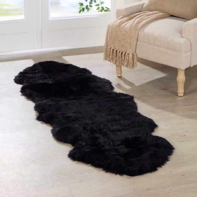 Native Natural Black Double Sheepskin Wool and Fur Rug