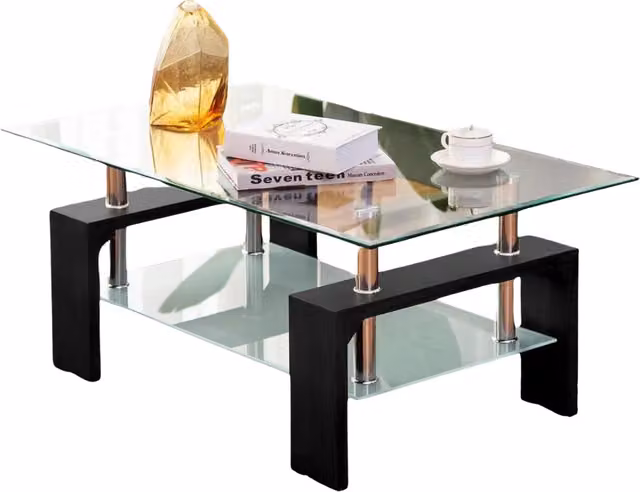 Pirlo Plush 2 Tier Rectangular Glass Coffee Table in Black and Transparent