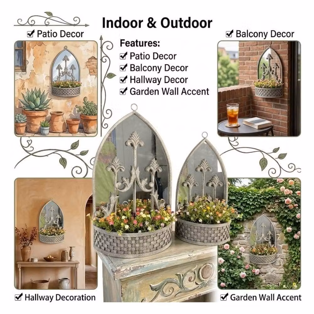 Minster Stylish Living Ltd Set of 2 Grey Metal Wall Mounted Planters with Mirror, W: 45 cm, H: 62 cm, D: 15 cm – 2