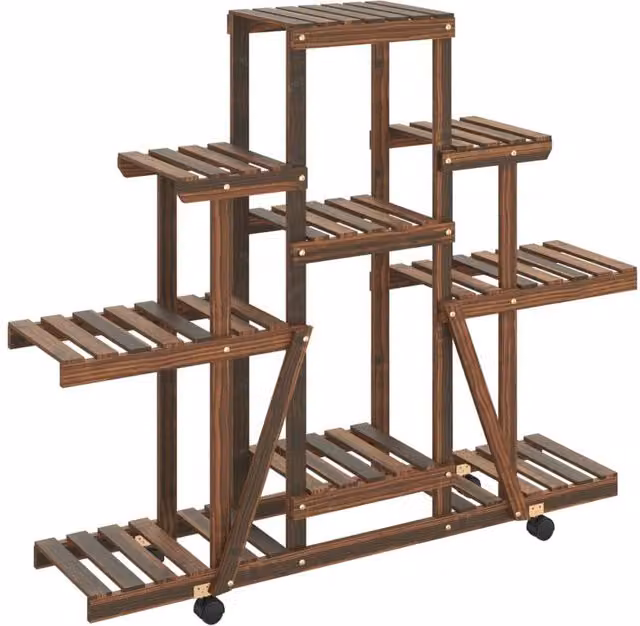 Berkfield Home Retro Flower Stand with Wheels in Brown Solid Wood, W/D/H: 110 x 25 x 101 cm