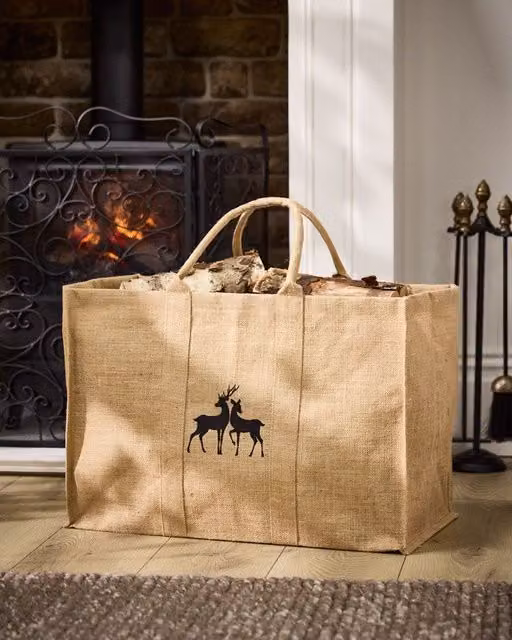 Dibor Traditional Kissing Deer Hessian Firewood Log Storage Jute Bag in Natural Beige, H40 x W60 cm