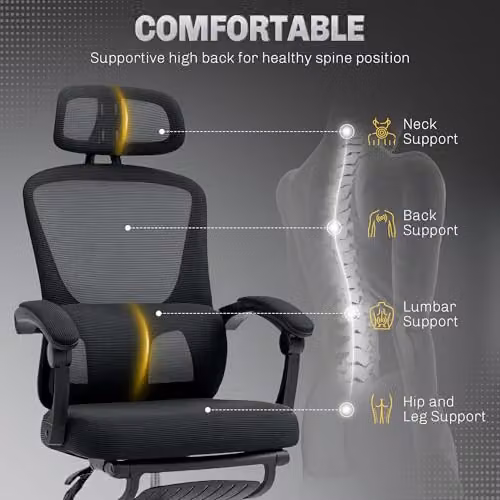 HOMCOM Ergonomic Black Mesh and Fabric Office Chair with Headrest, Armrests and Height Adjustment – 4