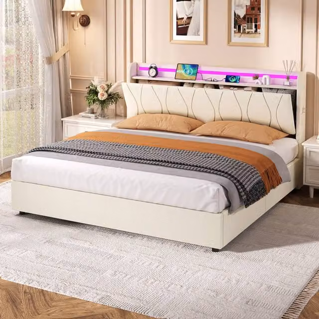 Merax King Size Upholstered Bed Frame with Hydraulic Storage, LED Lighting and USB Charging Port, Beige, W/D/H: 150 x 200 x 105 cm