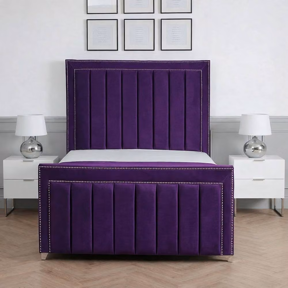 Living Comfort Bedz Royale Plush Velvet Upholstered Super King Bed with Slatted Base and 48 Inch Headboard in Purple, W/D/H: 200 x 200 cm – 2