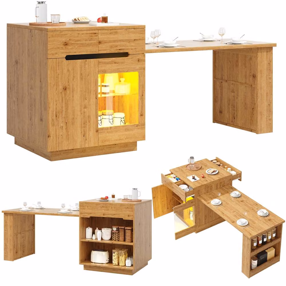 Matteo Extendable Kitchen Island in Brown Oak Effect with LED Lighting and Glass Doors – 3