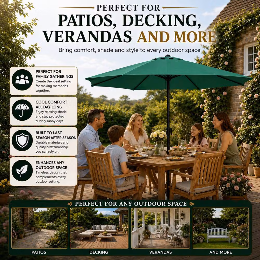 Glamhaus Green Garden Table Parasol with Crank Handle and UPF 50+ Protection, Diameter: 270 cm – 6