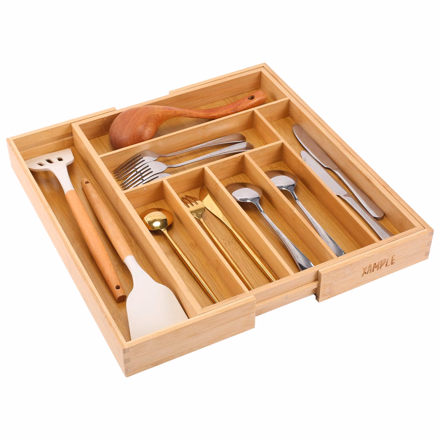 Xample Extendable Bamboo Cutlery Tray Kitchen Drawer Organiser with Compartments in Brown and Beige – 2