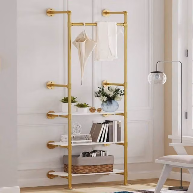 Kelvenix Industrial Metal and MDF Clothes Rail in Gold and White