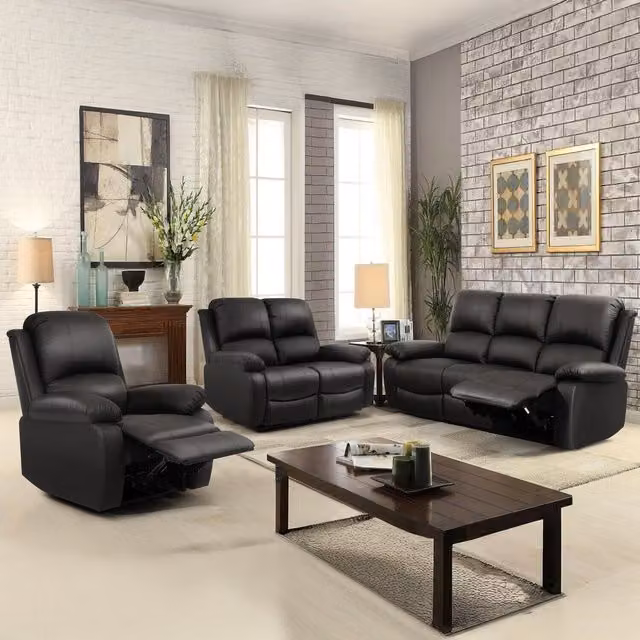 Comfy Living Black Bonded Leather Reclining Sofa Set with 3 Seater, 2 Seater and Armchair