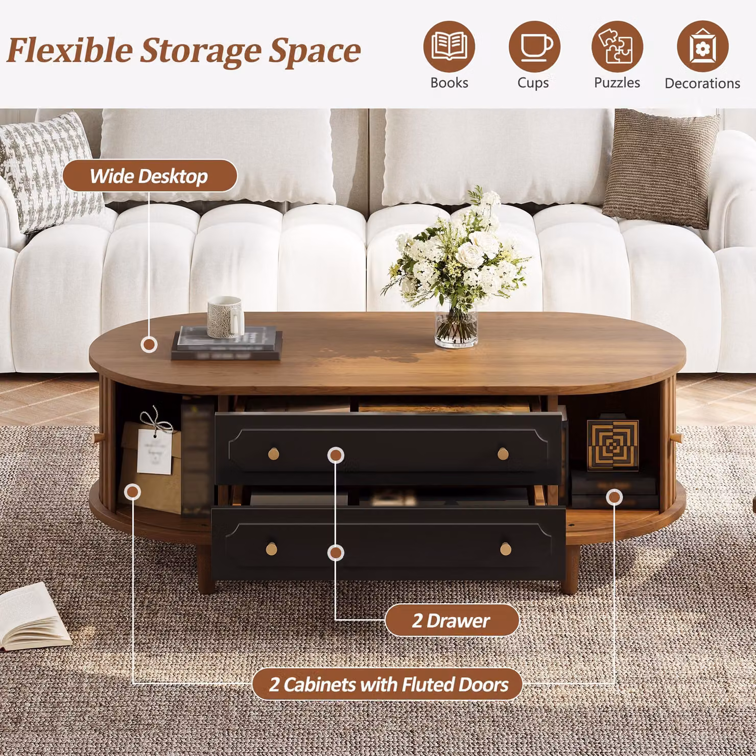 Aosom UK Minimalist Walnut Living Room Coffee Table with 2 Drawers and Roll-Up Door, W: 100 cm, D: 50 cm, H: 36 cm – 5