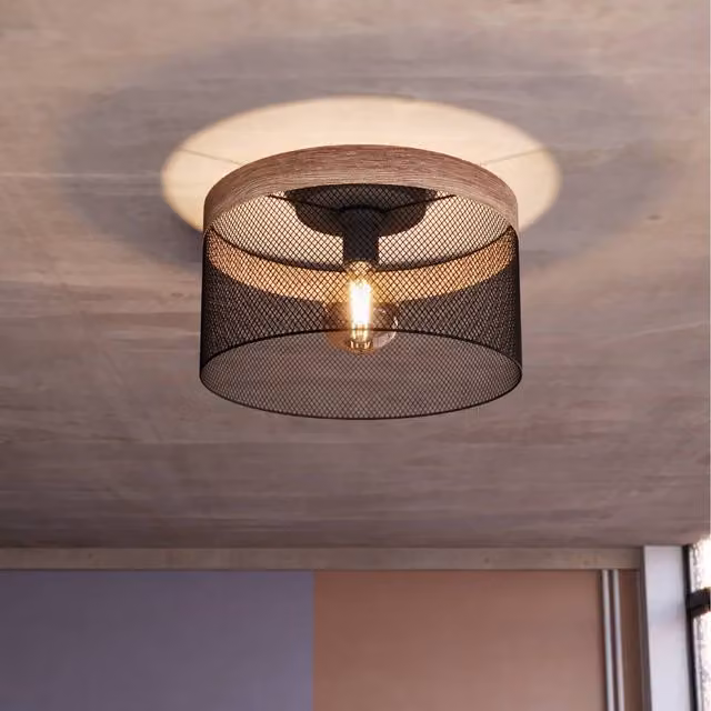 Eglo Kilnsdale Industrial Ceiling Light in Black Steel and Wood