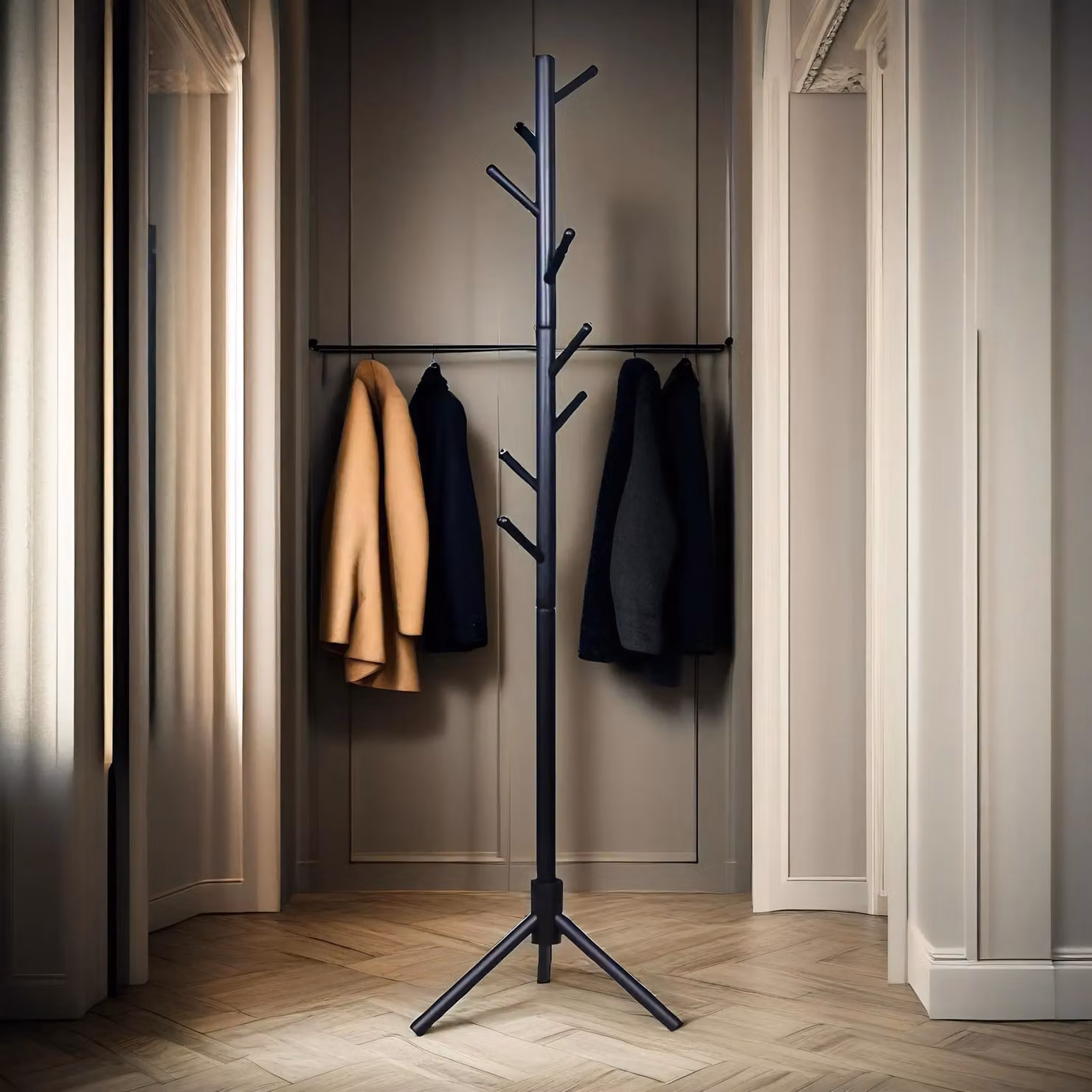 Pirlo Plush Modern Black Wooden Adjustable Coat Stand with 8 Hooks – 3