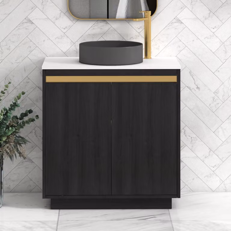 Royal Bathrooms Orion 800mm Hale Black and White Floor Standing Vanity Unit with 2 Soft Close Doors, Art Round Basin and Brushed Brass Accent Trim