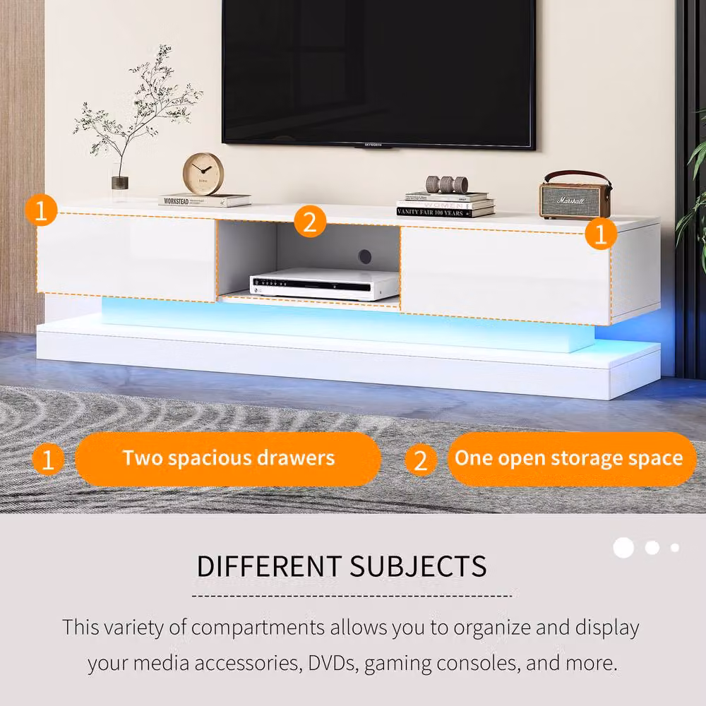 ModernLuxe High Gloss White TV Cabinet with LED Lights and 2 Drawers – 4