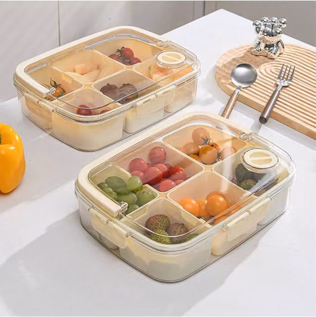 Living and Home 6-Grid Airtight Fridge Storage Container Food Organiser Box with Handle, Height: 8 cm, Cream and Transparent