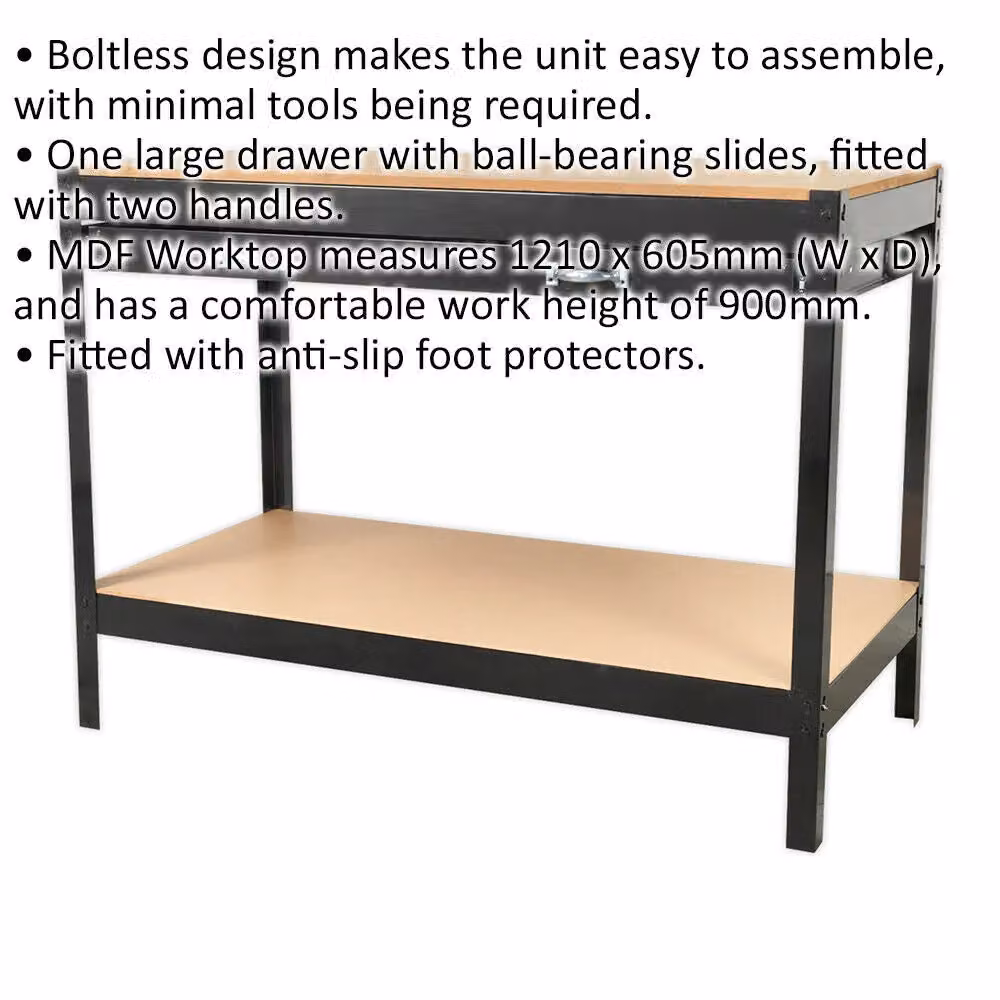 Loops Heavy Duty Steel Frame and Wood Work Top Workbench with Drawer and Shelf in Multicolour Black, W: 120 cm, D: 60.5 cm, H: 121 cm – 2