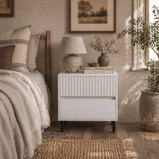 Wyld Haus Cove White 2 Drawer Bedside Table with Indented Line Detail – 1
