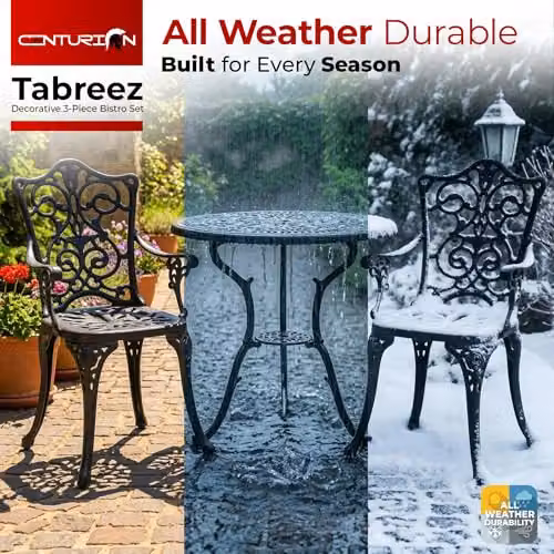 Centurion TABREEZ 3-Piece Bistro Set, Black Powder Coated Aluminium Garden Furniture with Round Table and 2 Chairs – 5