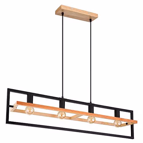 Globo Lighting Industrial Bar Pendant Light in Dark Brown Wood and Black Metal, 4x E27, L 98 x W 20 x H 150 cm