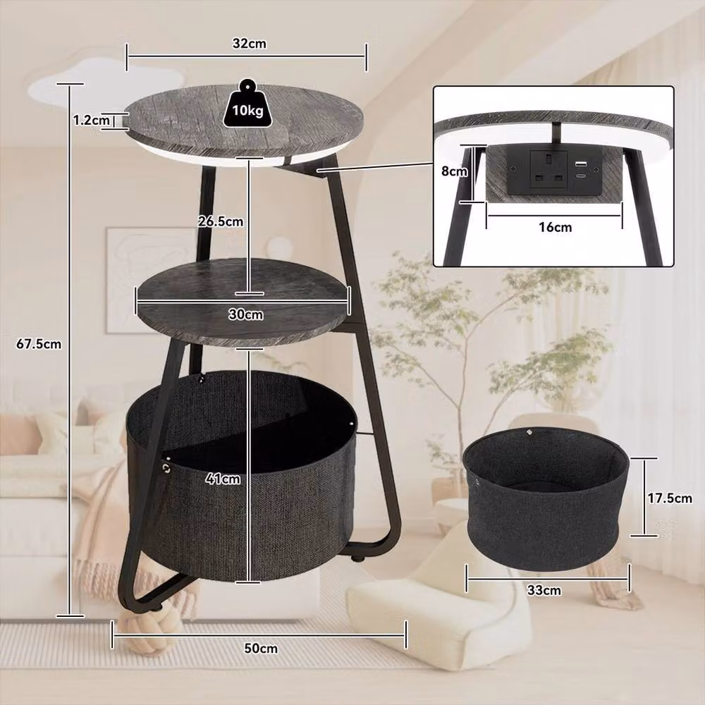 FORGEVIO Modern Round Small Side Table with 3-Tier Storage and LED Light in Black – 2