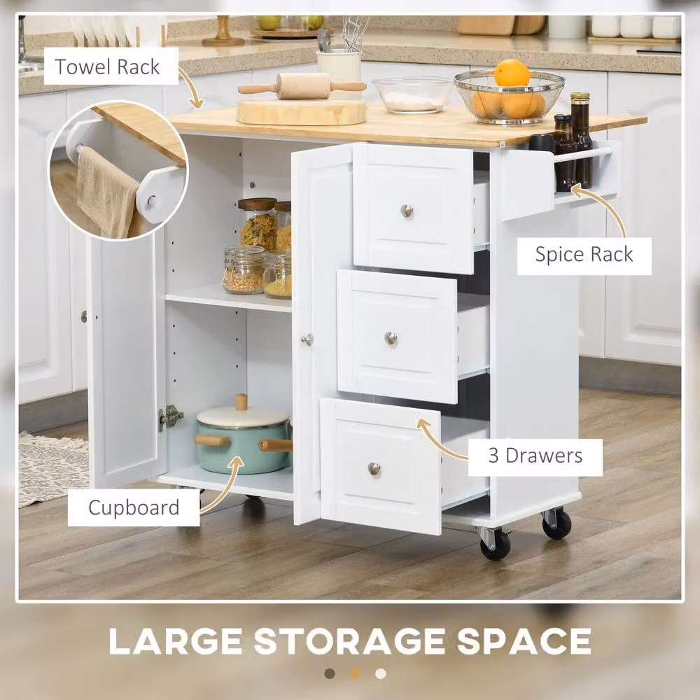 Wyld Haus White Rolling Kitchen Island with Drop Leaf and Drawers, Rubberwood, W/D/H: 91.5 x 64 x 115 cm – 3