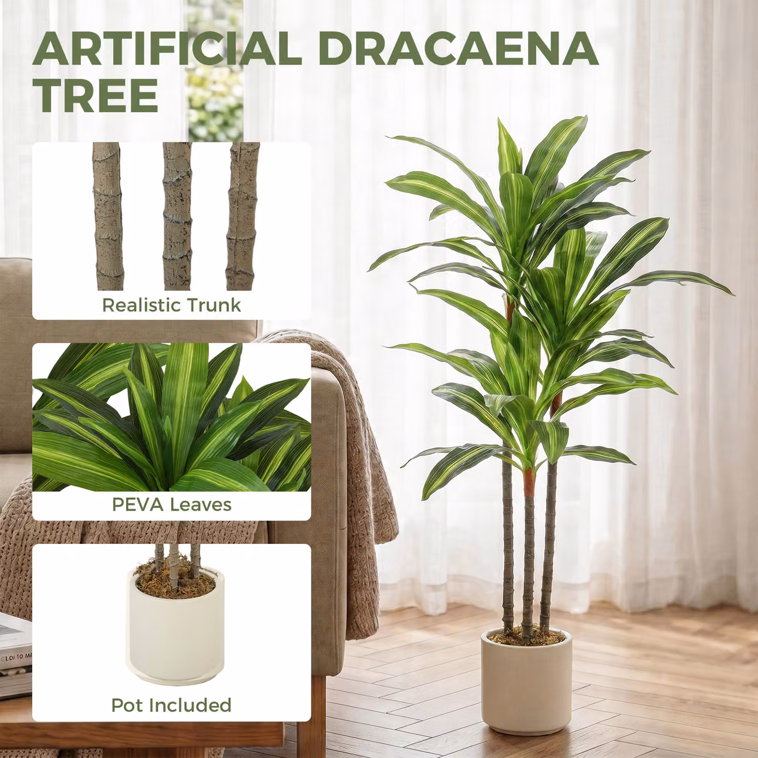 HOMCOM 90cm Artificial Dracaena Tree in Green and White – 4