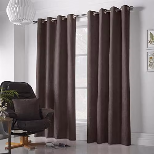 Luxury Living Alan Symonds Velvet Chenille Eyelet Room Darkening Curtains, Brown, Width: 142 cm, Drop: 229 cm, Pair