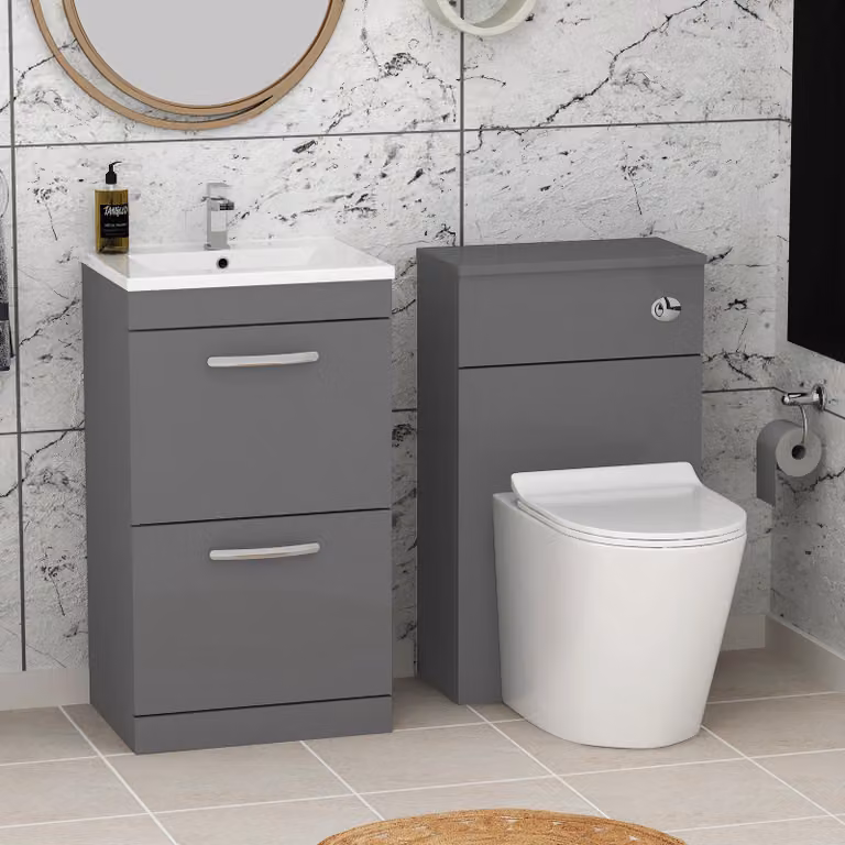 Royal Bathrooms Modern Turin 1000mm Indigo Grey Gloss 2-Drawer Minimalist Basin and Cesar Back to Wall Toilet Pack