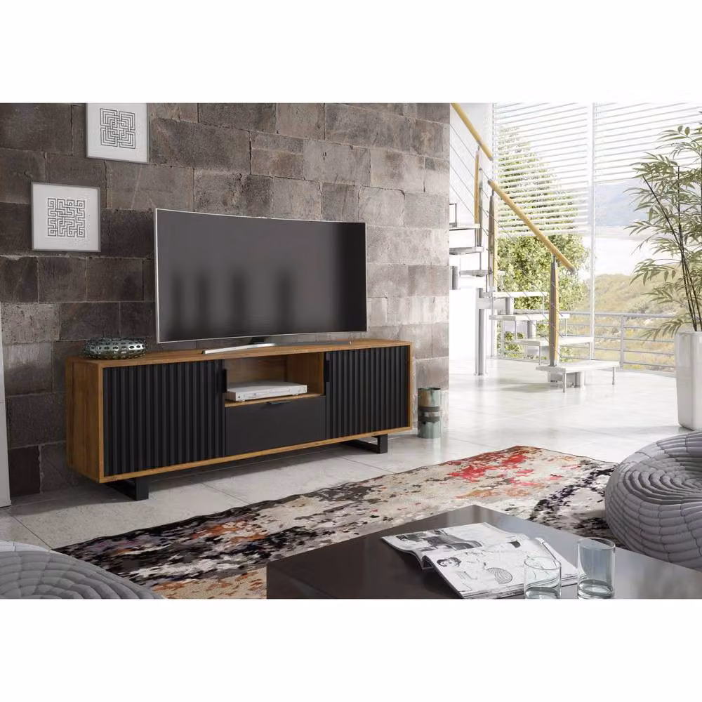 Mex Furniture Blackridge TV Unit in Dark Oak and Black with Fluted Doors and Drawer, W: 160 cm, H: 55 cm, D: 35 cm – 1